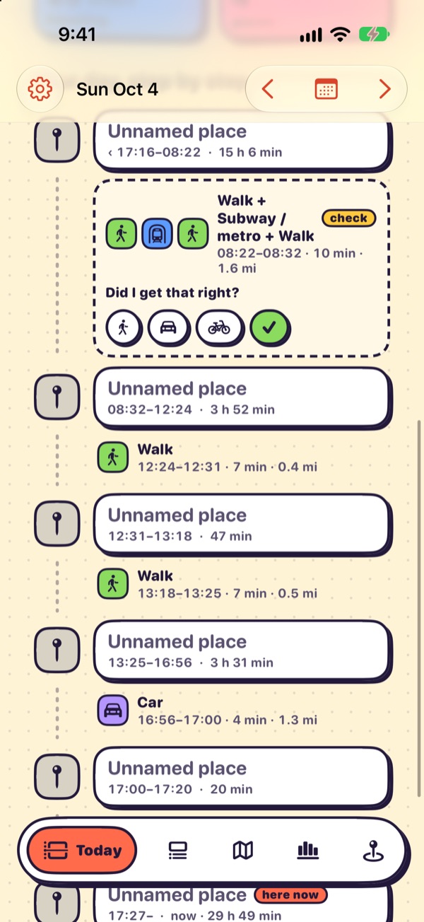 The Diary screen: the day's visits and trips in order, with a trip asking 'Did I get that right?'