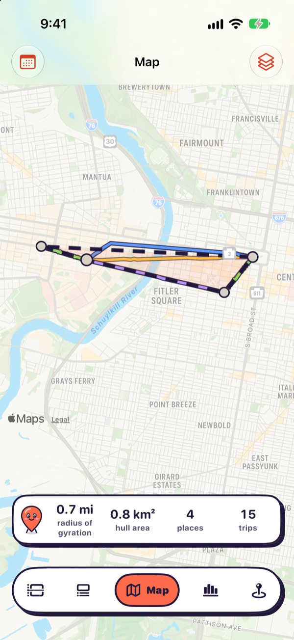 The Map screen: the day's trips drawn over Philadelphia with radius of gyration, hull area, places and trip counts
